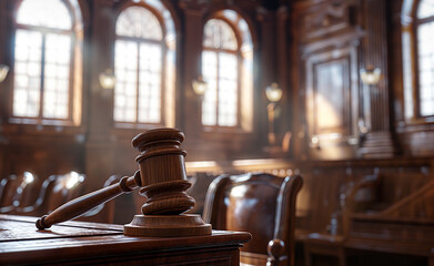 A judge's gavel on a desk in an empty courtroom.