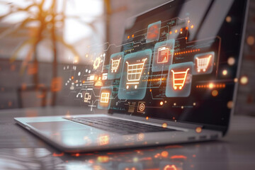 E-commerce Shopping, online Shopping Icons Floating Over Laptop Screen