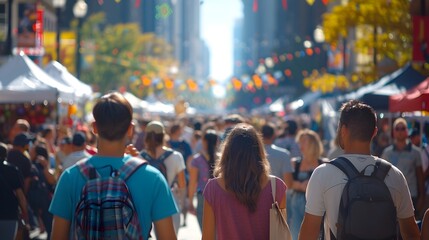 Lively Blurred Scene of a Busy City Street Festival with Vendors and Crowds