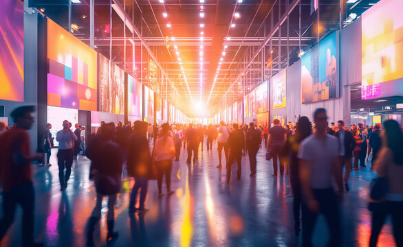 A vibrant convention hall filled with people and large, colorful digital screens.