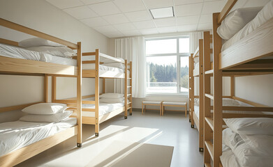 Fototapeta premium A bright, clean dormitory room with wooden bunk beds and large windows.