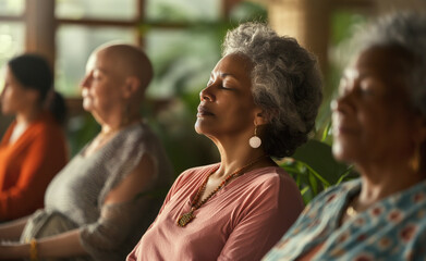 Obraz premium Elderly women practicing yoga in a bright, lush indoor garden setting.