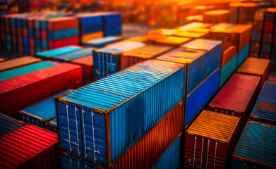 Fototapeta premium Rows of colorful shipping containers stacked high at a port during sunset.