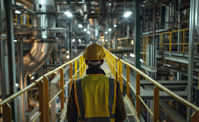 Fototapeta premium A worker in a yellow vest and helmet observes the intricate network of pipes in a large industrial facility.