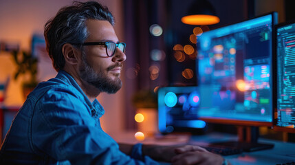 A focused programmer working late at night in a dimly lit office, surrounded by multiple computer screens.