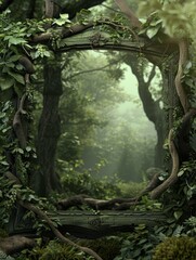 Enchanted Forest Frame - Whimsical Childrenâ€™s Book Illustration with Lush Greenery and Mystical Atmosphere