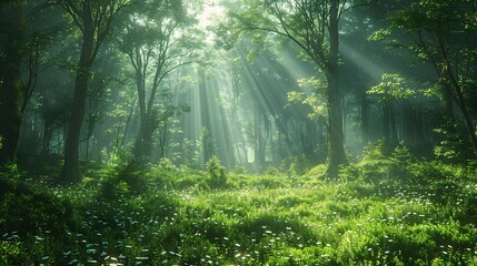 Fototapeta premium Serene Greenery and Sunlight Through the Forest