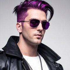 Obraz premium A man with vibrant purple hair and stylish sunglasses