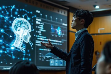 A professional giving a presentation on AI applications in business, with a large screen displaying AI algorithms and data analytics