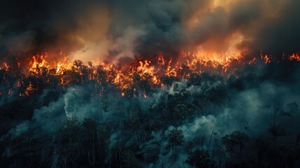 Naklejka premium forest fire advancing towards a small community, with flames and smoke threatening homes and wildlife