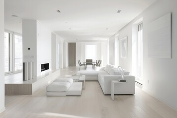 Fototapeta premium A pristine, white living room with minimal furniture, featuring a clean, open layout. The raw photo captures the simplicity and elegance of the minimalist design.