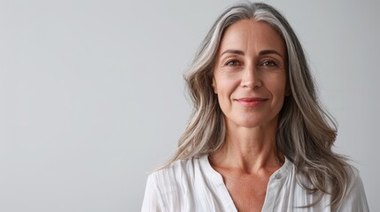 Fototapeta premium Middle-aged woman presenting with a friendly smile, half-body shot against a solid white background with plenty of copy space
