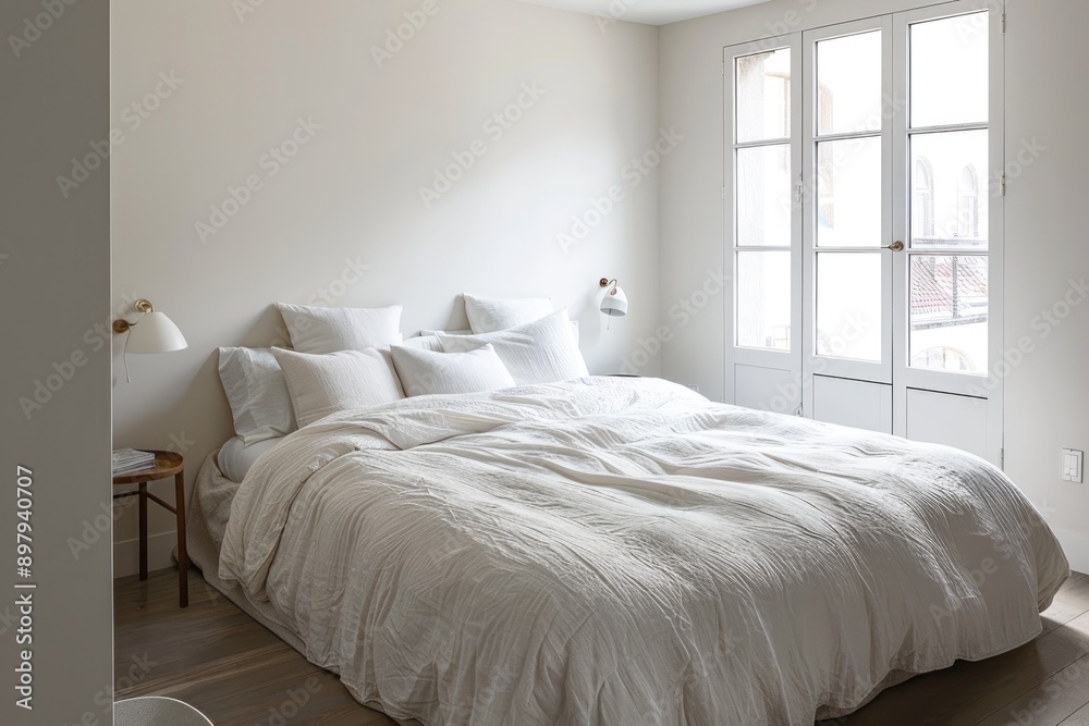 Wall mural cozy white bedroom with minimal design, soft bedding, and natural light