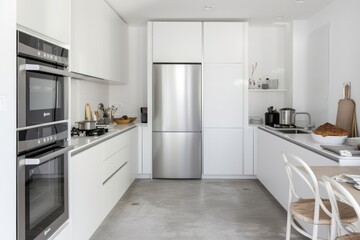 Fototapeta premium Modern white kitchen with sleek appliances, cozy breakfast area, and minimalistic decor