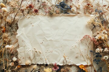 Flat lay composition of dried flowers and an empty sheet of paper, offering ample copy space