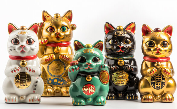 Group of lucky cat figurines in various colors and designs.