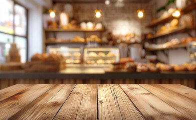 Wooden counter in front of a bakery with various baked goods.
