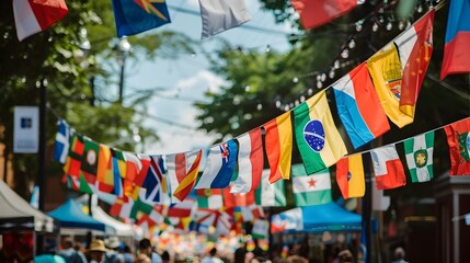 Fototapeta premium Colorful Flags Decorating a Lively Street Festival