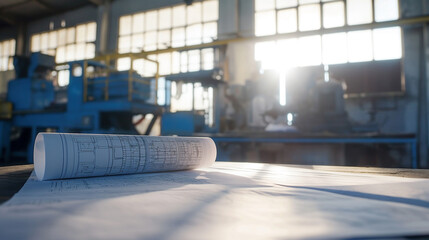 Rolled-up blueprints on a workbench in an industrial workshop.