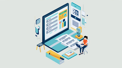 Woman working on a laptop with data analytics