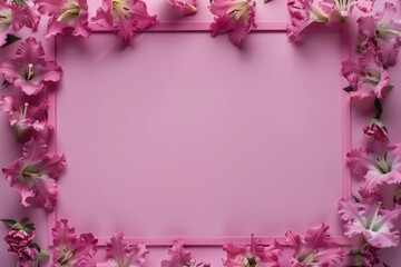 Obraz premium Luscious floral blossoms artfully arranged in a rectangular frame shape on a vibrant backdrop, providing a captivating setting with ample space for customization and creative expression.