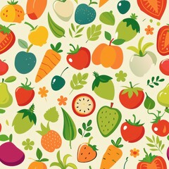 Seamless pattern of farm produce such as fruits and vegetables, Generative AI