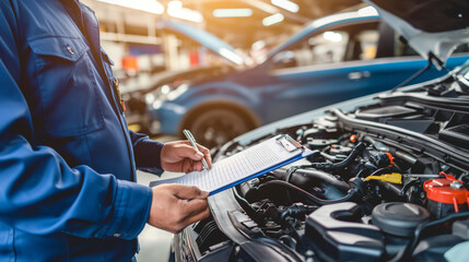 Mechanic writing on a clipboard in an auto repair shop.