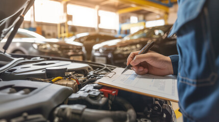 Mechanic writing on a clipboard in an auto repair shop.