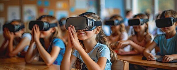 Group of children engaging in an interactive learning experience using virtual reality headsets in a classroom setting.
