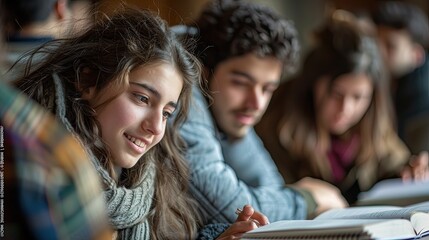 Obraz premium Group of college students studying together in a cozy library, focused on their books and notes, enjoying collaborative learning.