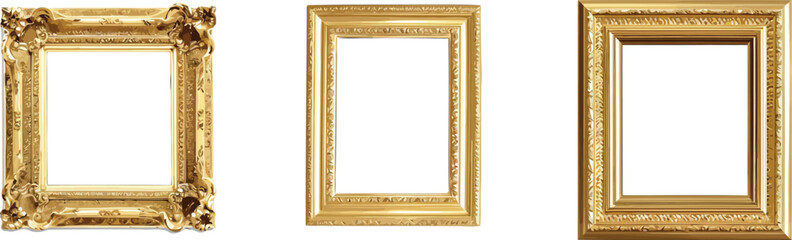 Detailed Illustration of Antique Golden Frames in Various Elegant Styles, Isolated on a White Background with Cutout, Perfect for Timeless and Refined Design Projects