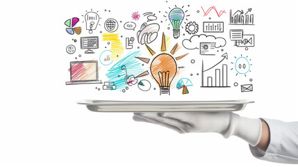 A gloved hand holding a tray with various icons representing ideas and concepts.