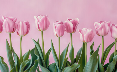 Fototapeta premium Row of pink tulips against a pink background.