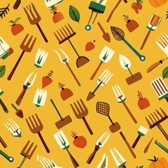 Obraz premium Seamless pattern of farmyard tools like pitchforks and shovels, Generative AI