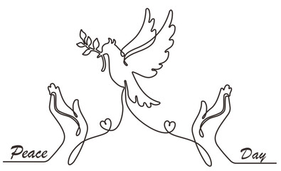 Fototapeta premium International peace day.Continuous line drawing. Lettering on white background. Peace dove sign. Olive branch. Vector holiday signature. Freedom sign. White dove bird. Dove icon