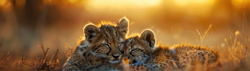 Obraz premium Adorable Cheetah Cubs Resting Together in Golden Sunset Light in African Savanna
