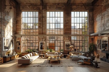 Contemporary loft with exposed brick walls large windows and minimalist furniture industrial style neutral tones 3D rendering