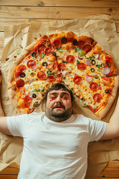 Naklejki Man crushed by a giant pizza, overweight and fast food concept