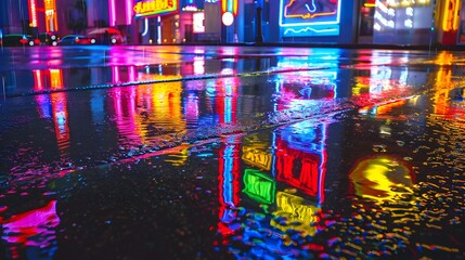 Neon Reflected Cityscape with Wet Pavement and Vibrant Rainy Atmosphere