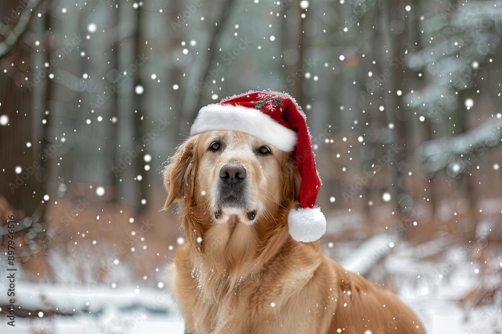 Wall mural Golden retriever dog wearing a Santa Claus hat in a snowy forest scene