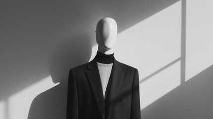 Mannequin dressed in a sleek, monochrome ensemble, posed against a minimalist backdrop, highlighting the intricate details and textures of high fashion
