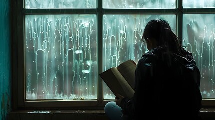 Person Reading Book by Rainy Window in Cozy Indoor Setting