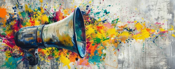 Megaphone with colorful paint splashes on concrete wall, artistic expression and creativity concept