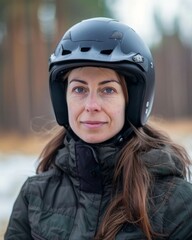 Mid age woman wearing skateboard or bike helmet portrait