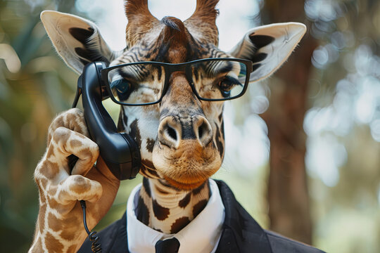 Business giraffe talking on the phone