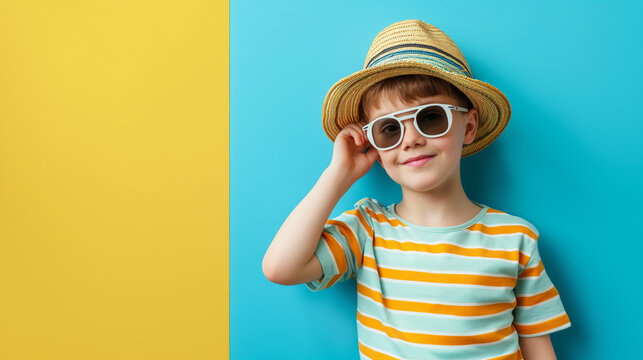 シンプルでカラフルな背景と夏の格好をした少年_A boy dressed in summer clothes with a simple and colorful background - Powered by Adobe