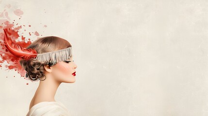 Vintage fashion drawing of a flapper girl in a fringed dress and feathered headband, capturing the essence of the roaring twenties with ornate details and vibrant colors