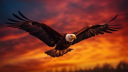 Bald Eagle Soaring Through Dramatic Sunset