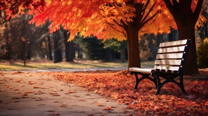 Fototapeta premium Quiet park bench surrounded by vivid fall colors of red, orange, and yellow leaves