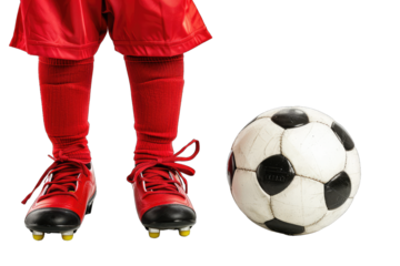 Close-up of a child's legs in red soccer gear beside a black-and-white soccer ball, ready to play on a white background.